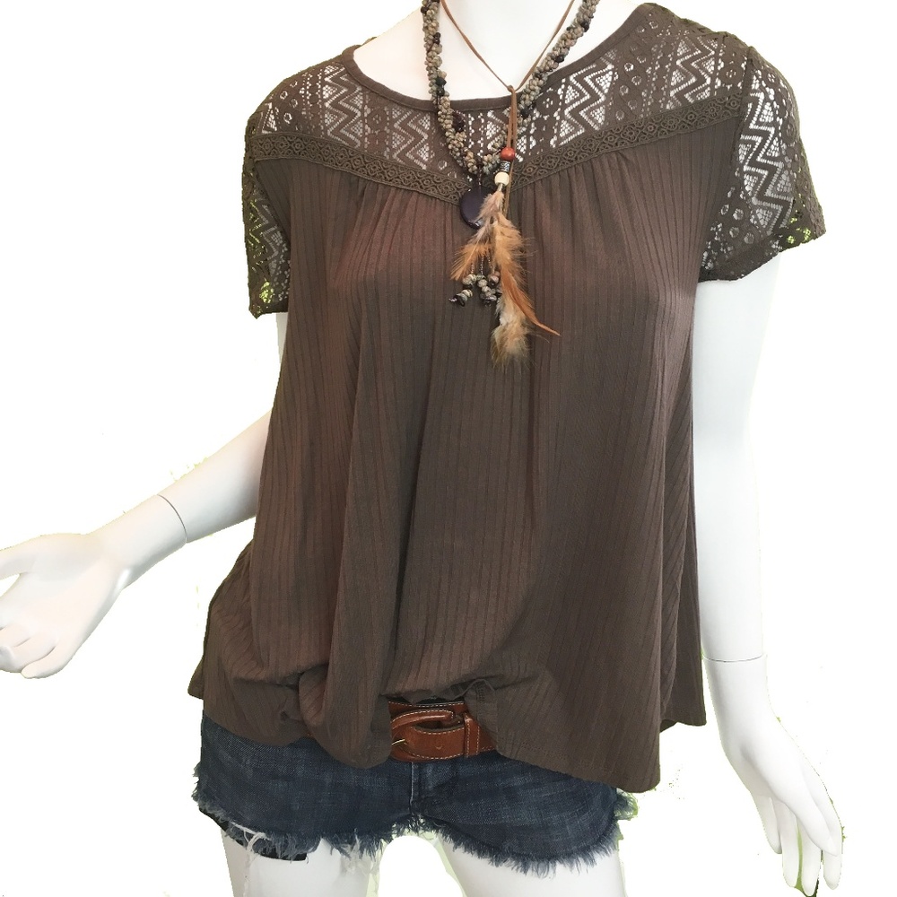 Business Casual, Earth Tone, Work, Lace-Yoke top.